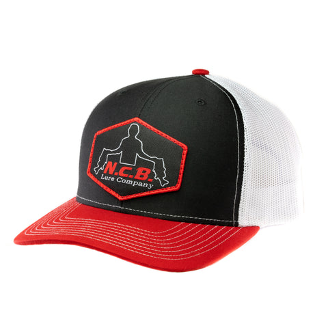 White/Black/Red snapback hat with a hand stitched NCB logo patch