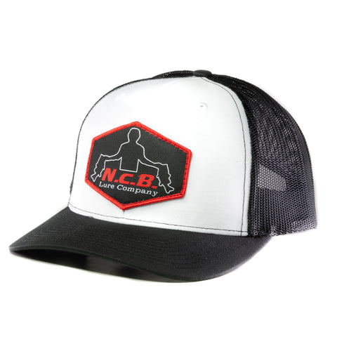 White/Black snapback hat with a hand stitched NCB logo patch