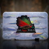 A Watermelon Red Flake "Get Jiggy With It" decal on a plano tackle box