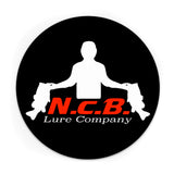 A circular ncb white logo decal on a black background